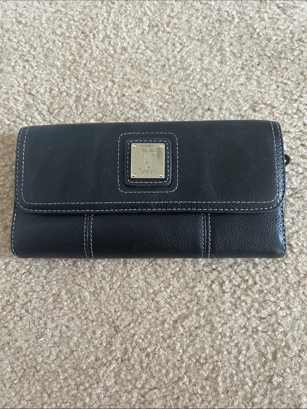 Tignanello Black Pebbled Leather Continental Wallet with Silver Tone Logo Plaque